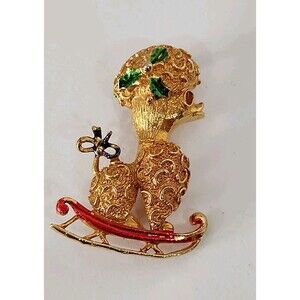 Vintage Christmas Gold Tone Poodle Dog On Sleigh Signed COREL